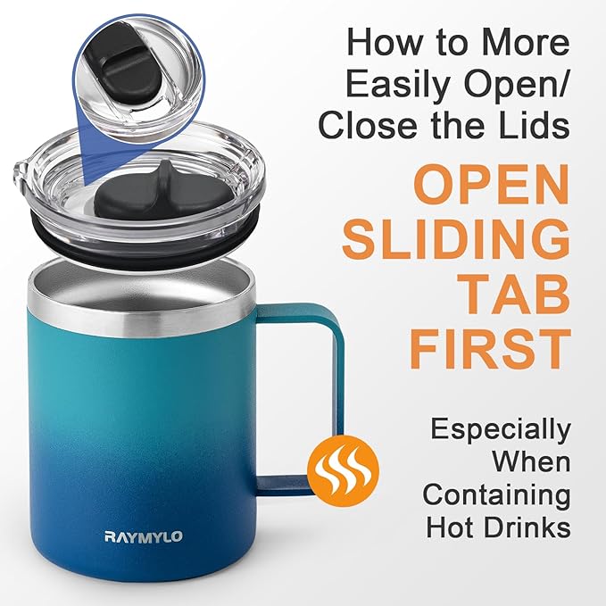 Insulated Coffee Mug 12 oz, Double Wall Stainless Steel Coffee Mug with Lids, Leak-Proof & Detachable Slider Lid for Thorough Clean, Keeps Coffee Cold for 9 Hrs, Suitable for Camp Home Office