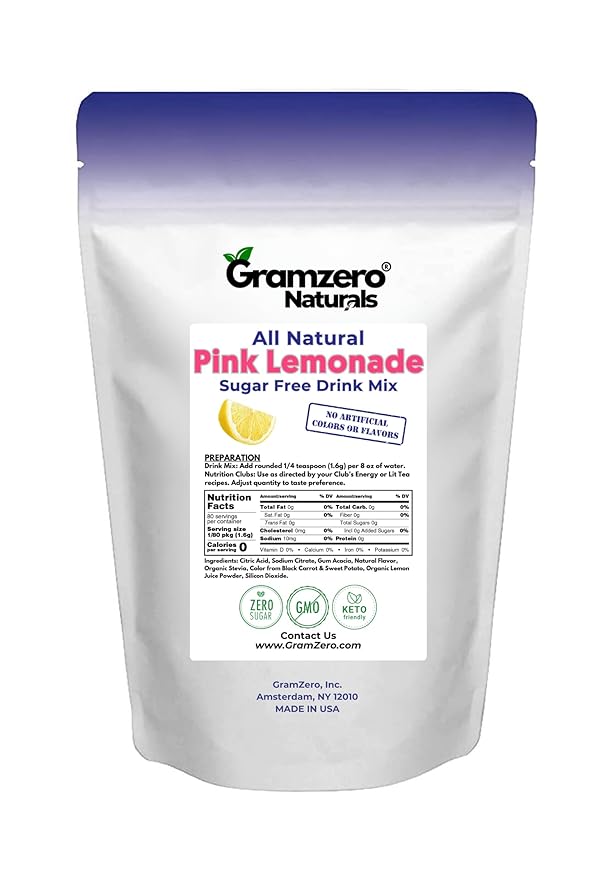 GramZero All Natural Pink Lemonade Zero Calorie Sugar Free Drink Mix, Great For Nutrition Club Loaded Tea, Stevia Sweetened