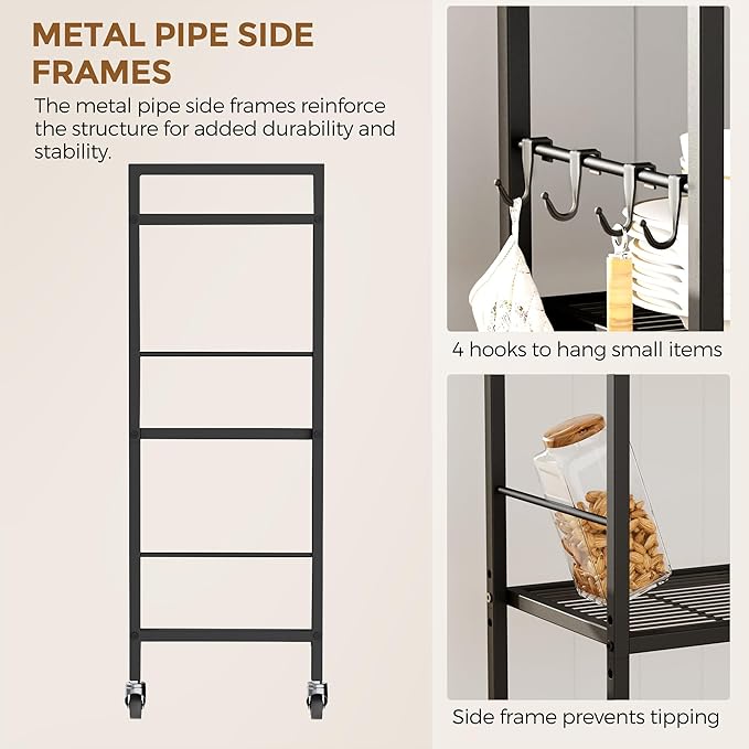 3-Tier Metal Storage Rack with Industrial Wheels,Mesh Shelving Unit with Wooden Table top,Adjustable Shelf,23.6-Inch Width,for Kitchen,Laundry,Pantry,Plant,Black
