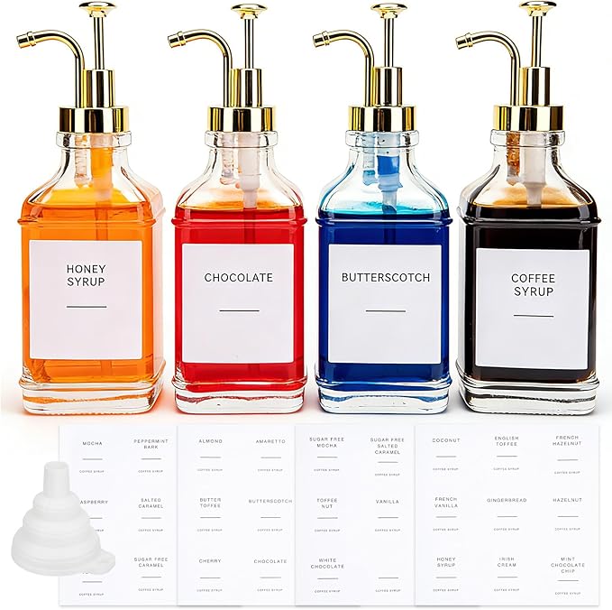 Coffee Syrup Dispenser, Set of 4 Glass Coffee Syrup Bottles 500 ml/16.9 fl oz, Coffee Dispenser with Pump, Includes Funnel and Labels for Coffee Bar (Gold)