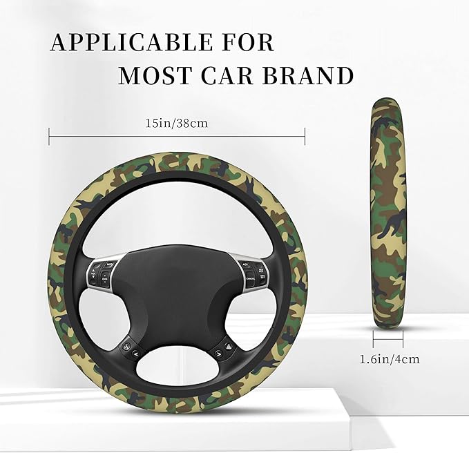 Green Camo Steering Wheel Cover for Women Men, Universal 15 Inch Anti Slip Steering Wheel Protector Car Accessories Interior for Auto Truck SUV