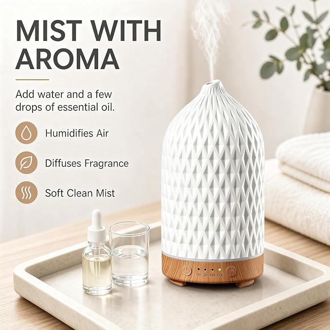 Gooamp 200ML Ceramic Essential Oil Diffuser - Ultrasonic Aromatherapy & Humidifier with 7-Color LED Lights, Auto Shut-Off, Rhombus, 1H/3H/6H Timer | Scent for Home,Office,Yoga