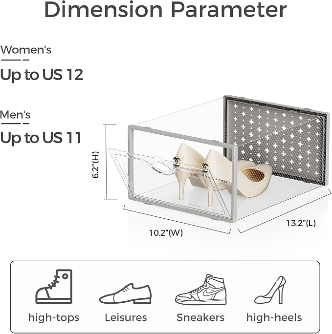 Pinkpum 12 Pcs XLarge Shoe & Sneaker Storage Organizer Box Clear Plastic Stackable Closet Grey