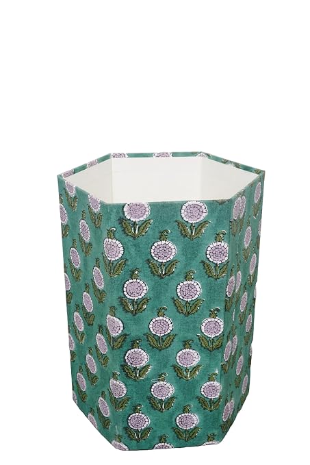 Generic 3.3 Gallon Cotton Hand Block Printed Paper Waste Basket |Small Decorative Trash Can for Housewarming Gifts in Living Room, Bedroom, Bathroom | Eco-Friendly, Plastic-Free (1, GREEN)