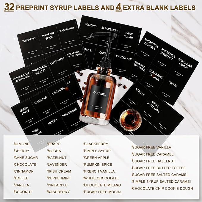 Coffee Bar Accessories, Syrup Dispenser With 1/4oz Large Capacity Pump - Glass Pump Dispenser for Station, Organizer, 4 Pack