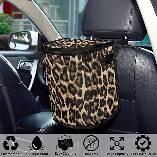 Leopard Print Car Trash Can Car Garbage Bag with Lid Hanging Waterproof Leak Proof Vehicle Storage Bin