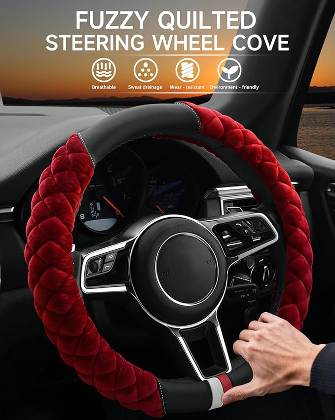 Cxtiy Plush Steering Wheel Cover for Women, Fluffy Soft Warm Winter Steering Wheel Grip for Car Interior Accessories (A-Burgundy)