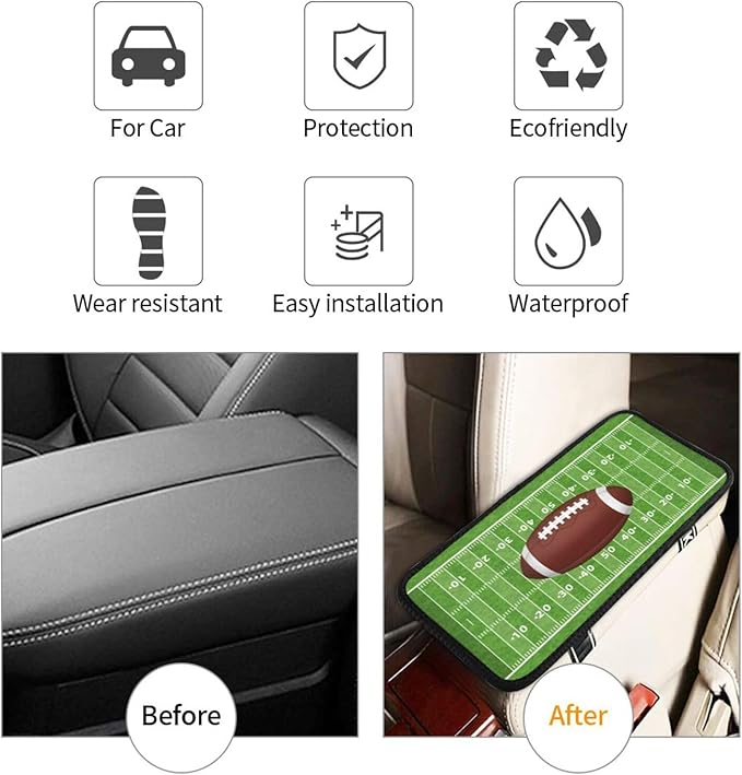 American Football Center Console Cover Pad, Rugby Field Car Armrest Seat Box Cover Cushion Universal for Most Vehicle SUV Truck, Car Interior Accessories Decor, Protect from Pet Claws & Dirt