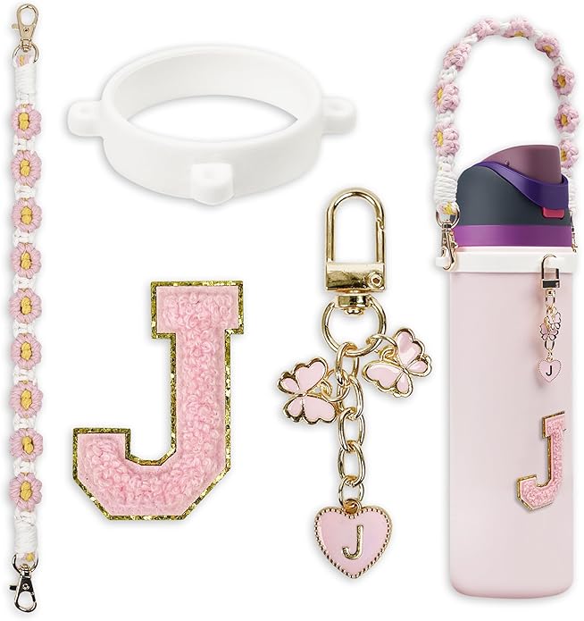 Compatible with Owala Water Bottle Accessories, Cute Letter Charm Set with Boho Handle Strap, Monogram Sticker, Silicone Ring, Keychain Decoration, for FreeSip 24 32 40oz, Owala Kids, Tumbler Gift