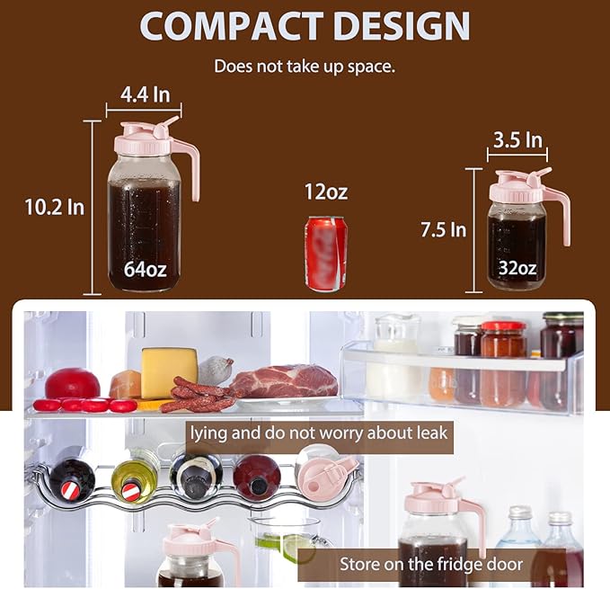 Cold Brew Coffee Maker Pitcher, Pink 64 Oz Heavy Duty Wide Mouth Glass Mason Jar pour spout Lid with Stainless Steel Filter for Iced Coffee, Ice Drinks