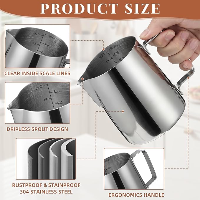 4 Pcs Espresso Accessories Kit with Espresso Cups with Handle, Milk Frothing Pitcher and Latte Art Pen Stainless Steel Cappuccino Machine Accessories for Coffee Bar (Silver,250ml, 600ml)