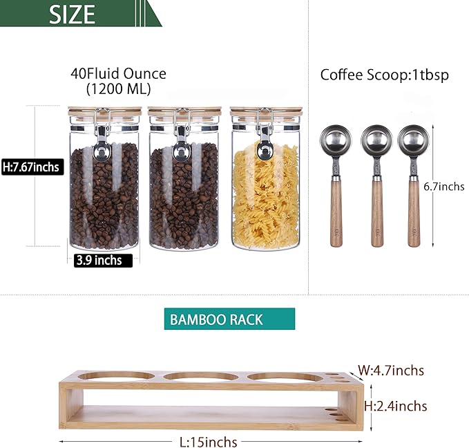 Glass Coffee Canister Set for Countertop | 3-Piece Airtight Jars for Coffee, Sugar, Tea | Modern Farmhouse Kitchen Essentials with Bamboo Lids & Scoops for Coffee Bar & Pantry Organization