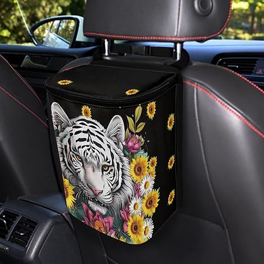 White Tiger Floral Car Trash Can, Hanging Zipper Design Garbage Bin for Backseat