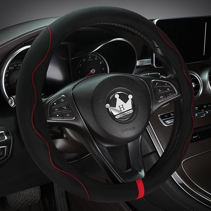 Luxury Suede Steering Wheel Cover for Cars, Soft Leather Padded Wheels Cover for F150, Trucks, Jeep, Van, Auto Thin Large Car Handle Cover, Universal Fit, Anti Slip, 15.2-16in, Black