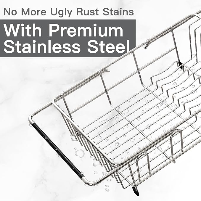 MAJALiS Dish Drying Rack Over The Sink with Utensil Holder, Mat | Expandable Stainless Steel Dish Drainer for Small Kitchen, Apartment, RV, Counter Space Saving, Perfect Fit, Rustproof