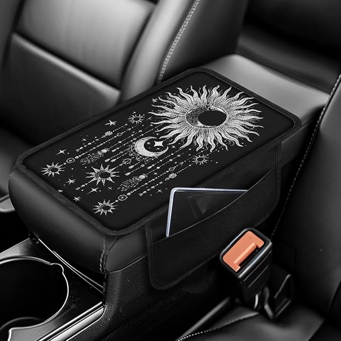 Dreaweet Center Console Cover Cute Sun and Moon Car Accessories for Women,Soft Car Armrest Cushion with Pockets Comfortable Car Arm Rest Cover Pad Washable Console Covers for Truck SUV