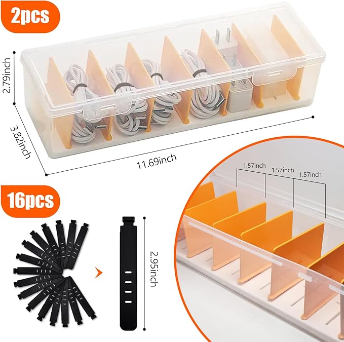 Charger Organizer, Cable Cord Organizer Box (2PCS) - Adjustable Dividers, 16 Cable Ties, Clear Charger Storage Box for Cable, Phone, Drawer Organization