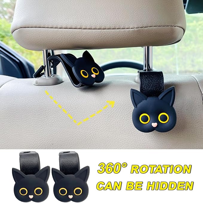 Car Seat Headrest Hooks,2 Pack Black Cute Cartoon Cat Hook 360° Rotation Heavy Duty Car Purse Hook Hanger for Bags, Coats, Umbrellas, Groceries, Universal Vehicle Fit