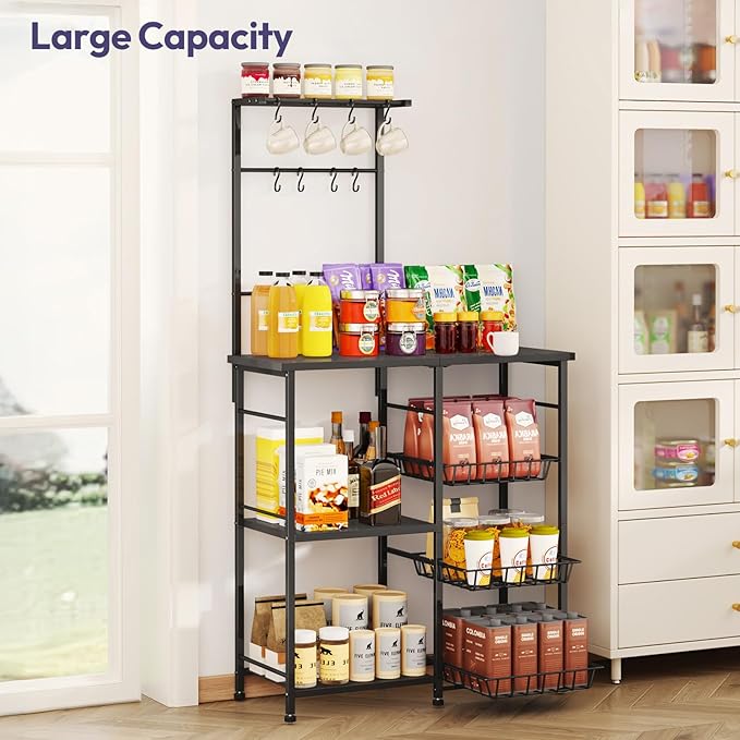 SWTYMIKI Bakers Rack with Storage - Coffee Bar Cabinet with Shelves, Coffee Station Organizer and Kitchen Stand with 8 Hooks, Baskets, Adjustable Feet for Kitchen Dining Room Pantry, Black