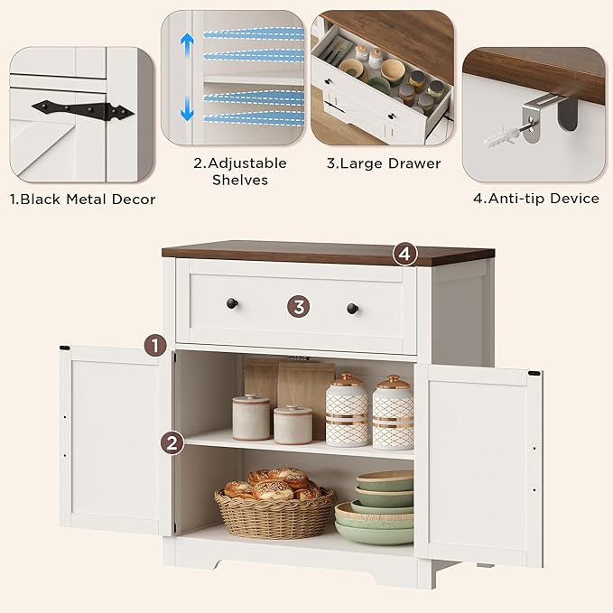 Coffee Bar Cabinet with Storage, Small Kitchen Storage Cabinet, Modern Farmhouse Buffet Sideboard with Drawers and Adjustable Shelves, Barn Door Accent Cabinets for Kitchen, Dining Room, Living Room