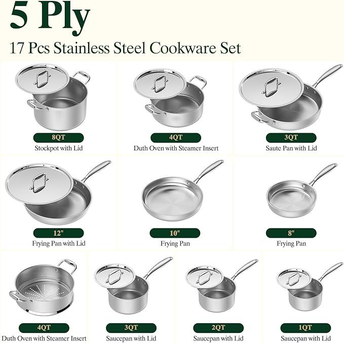 Umite Chef 17Pcs 5 Ply Clad Stainless Steel Cookware Set with Lids, Heavy Duty Pots and Pans Kitchen Set, Induction-Ready, Dual Aluminum Core for Even Heat, Cool Grip Handles, Dishwasher Safe
