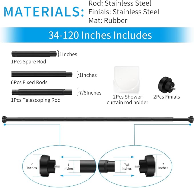 Tension Curtain Rod 34-120In(3-10Ft) with 2 Rod Holders, No Drilling Never Rust Long Shower Curtain Rod, Adjustable Spring Curtain Rod for Large Window or Outdoor Patio, Stainless steel, Matte Black