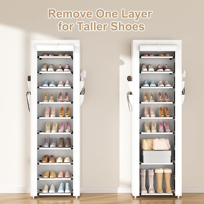 ROJASOP Shoe Rack with Covers 10 Tier Large Shoe Organizer Tall Shoe Closet Storage for 20-22 Pairs Shoe and Boot, Free Standing Shoe Rack Organizer for Closet, Entryway, Bedroom, White