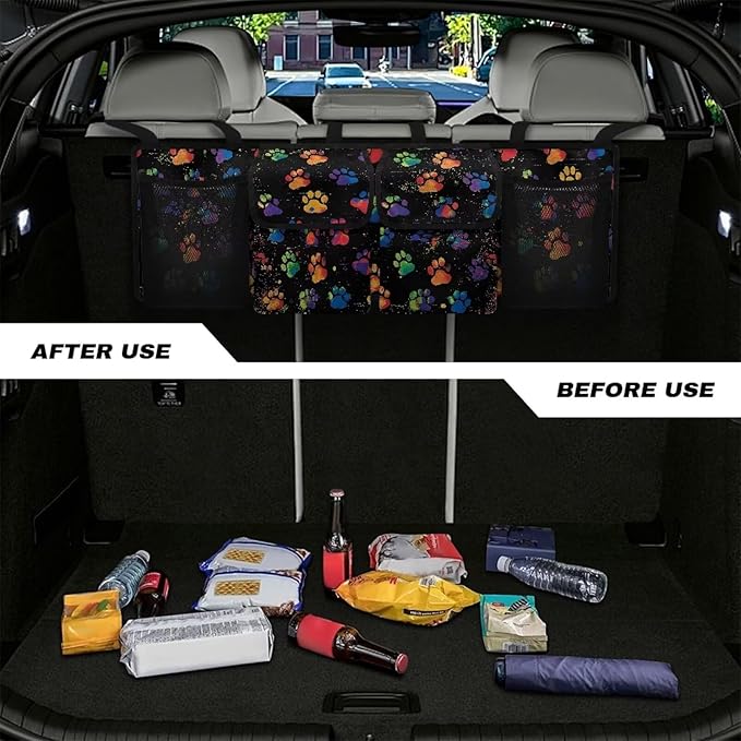 Colorful Dog Paw Print Backseat Trunk Organizer for Car Trunk Storage Bag Large Capacity Car Organizer for SUVs & Sedans