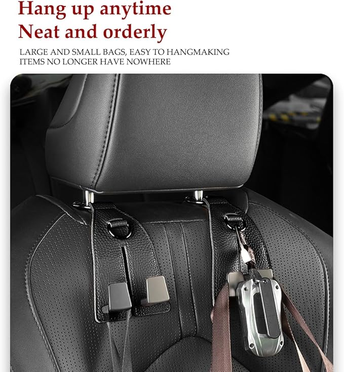 Car Seat Headrest Hook, Leather Metal Dual Hook Vehicle Seat Back Storage Hanger Holder for Purses Coats Handbags, Automotive Backseat Organizer, Universal for Sedan Truck SUV (Grey)