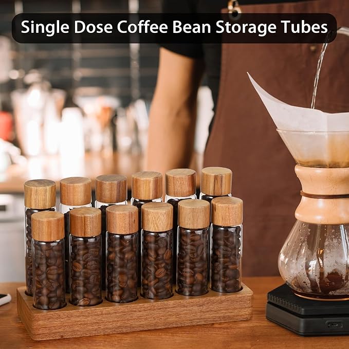 JUXYES Set of 12 Single Dose Coffee Bean Storage Tubes with Wooden Stand and Lids, Dosing Glass Vials for Coffee Storage, Coffee Bean Container Cellars, Espresso Bean Canisters Set, 2 fl oz, 1.7 fl oz