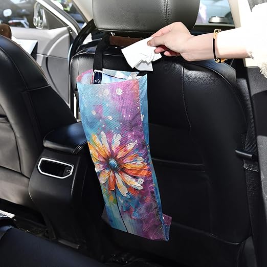 ALAZA Hanging Car Trash Bags Garbage Bag Trash Can for Back Seat Small Oilpainting Flower Washable Storage Bag Retractable 2 Pack