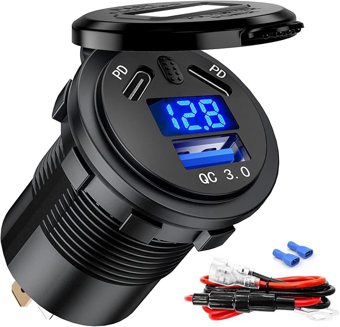 BATIGE 2 Pack 3 Ports Car Charger Socket Dual 45W PD Type C & 18W QC 3.0 with Voltmeter and Button Switch, USB Charger Socket for 12V/24V Car Boat Marine ATV Bus Truck RV Motorcycle