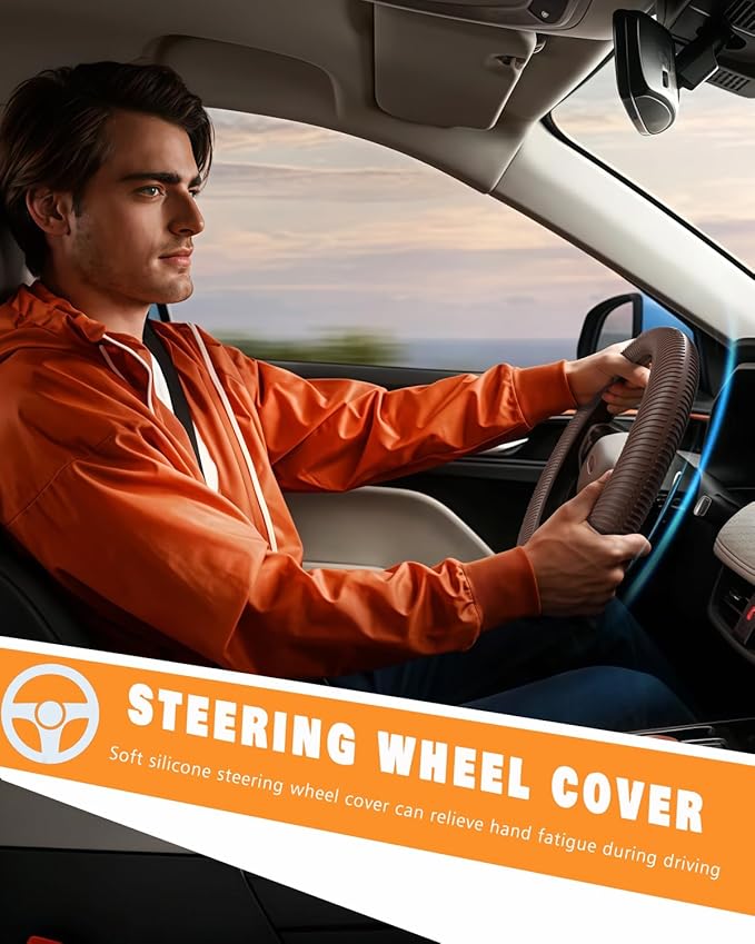 WOCOCN Car Steering Wheel Cover, Thin Anti-Skid Silicone Steering Wheel Cover for Men & Women, Universal Automotive Interior Accessories for Most Cars (Brown)