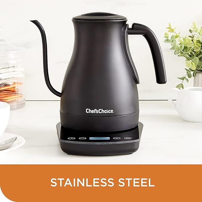 Chef'sChoice Electric Kettle Gooseneck Style Perfect for Pour-Overs Stainless Steel Construction 1200 Watts with Auto-Shutoff & Boil-Dry Protection, 1-Quart, Black