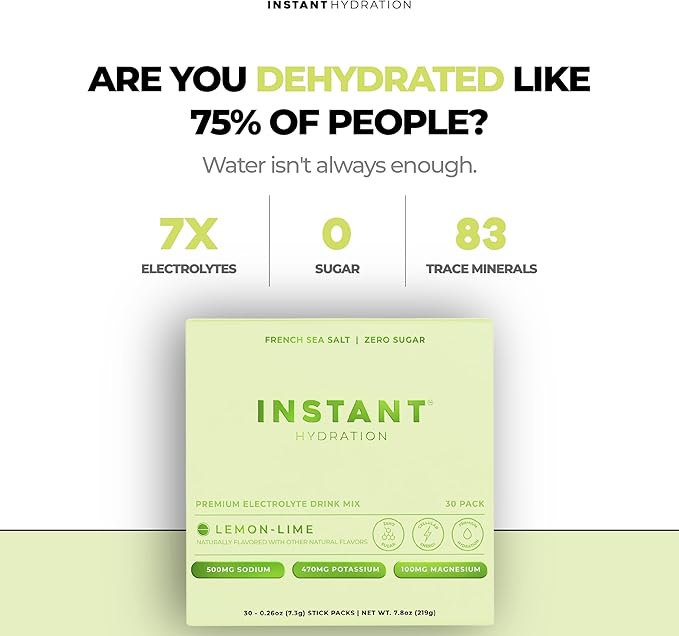 Instant Hydration Electrolytes Powder Packets - Lemon Lime Drink Mix - Zero Sugar - Keto, Vegan, Gluten-Free, Non-GMO - Boost Recovery, Brain Health, Muscle & Tissue Support- 30 Sticks