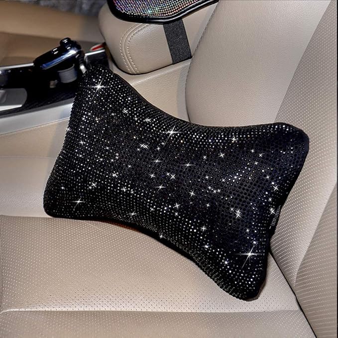 2Pcs Neck Rest for Car Neck Pillow for Driver, Auto Seat Headrest Cushion Driving Relax Necksupport Black Diamonds Bling Car Accessories for Women Men High Grade