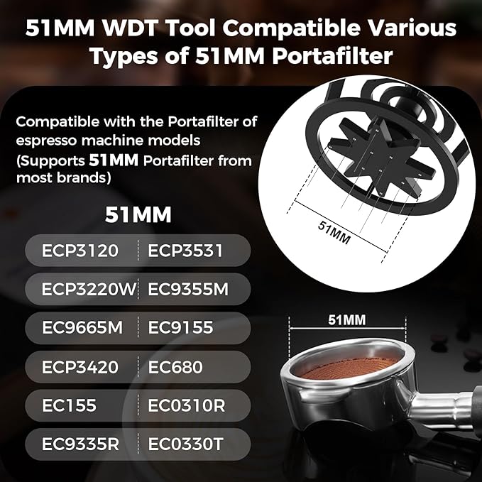 IKAPE 51mm Mantis WDT Distribution Tool, Espresso Distribution Tool for Baristas, Featuring 8-Needle Stirrer, Adjustable Needle Height, with Dosing Funnel and Stand, Walnut Handle