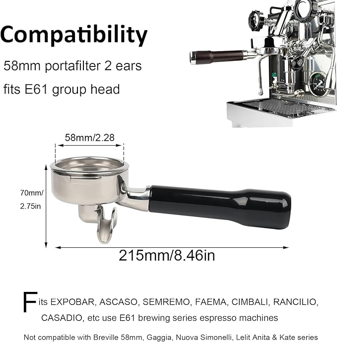 58mm Portafilter Double Spout Compatible with E61 Group Head, 2 ears 58mm Portafilter with Filter Basket and ABS Handle