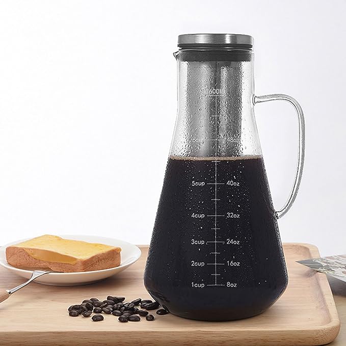 1600ML Mason Jar Pitcher with Stainless Steel Filter, Cold Brew Coffee Maker, Pour Spout Handle Lid, Airtight Leak Proof, Designed for Durability, Smoother and Rich Coffee Flavor