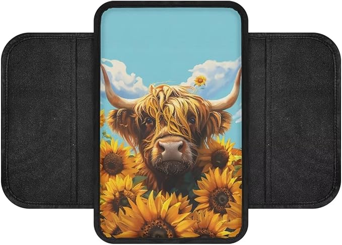 Boatee Highland Cattle Sunflower Arm Rest Cover for Car Center Console Organizer for Auto Armrest Pad Universal Console Mat Automotive Accessories Interior Set Stylish Armrest Storage Box Mat Blue