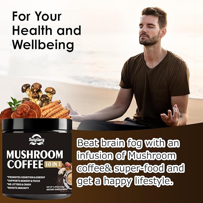 Mushroom Coffee, 10 Mushroom Extract Powder Blend Lion's Mane, Reishi, Chaga, Cordyceps, Turkey Tail, Brain Supplements with Instant Coffee for Energy, Focus, Memory and Immunity 150g