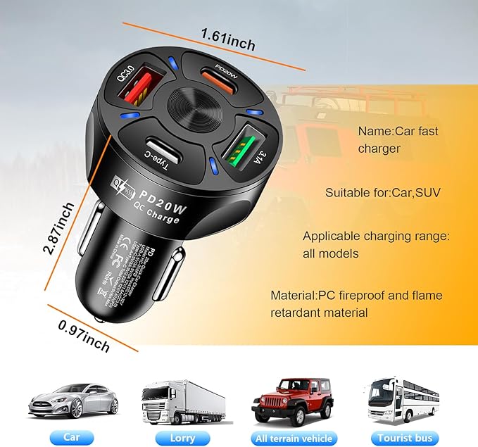 Augeny 4 Ports Car Fast Charging Charger Cigarette Lighter Adapter, Super Fast Auto Charging Cigarette Lighter Plug with QC 3.0, PD 20W, Type C, 3.1 A, Vehicle Phone Charger for Car SUV(Black)