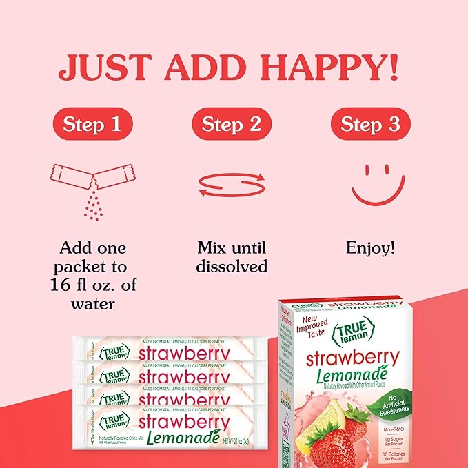 True Citrus True Lemon Strawberry Lemonade Drink Mix, Made from Real Lemons, Low Calorie, Low Sugar, Lemonade Drink Mix, 1.06 oz, 10 Count (Pack of 24)
