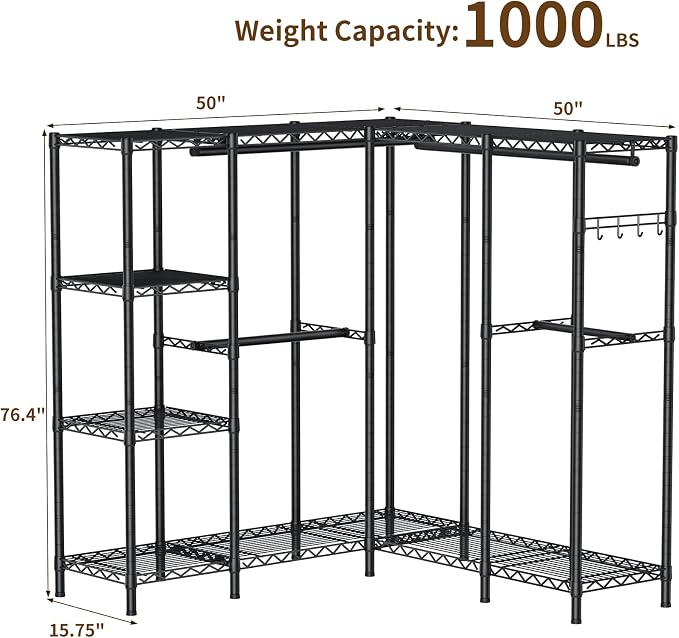 Golpart Heavy Duty Garment Rack Clothes Rack,Large Metal Closet Organizer System Storage Wardrobe,Freestanding Clothing Rack with Adjustable Wire Shelves& Hang Rods,MaxLoad 1100lbs