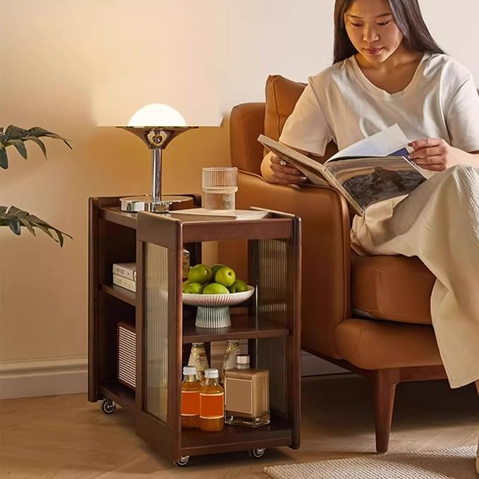 Side Table Glass Top Movable End Table Coffee Station Table, MDF Coffee Bar Stand Cart with Storage Coffee Table on Wheels,for Home Kitchen, Entryway, Living Room,Dining Room