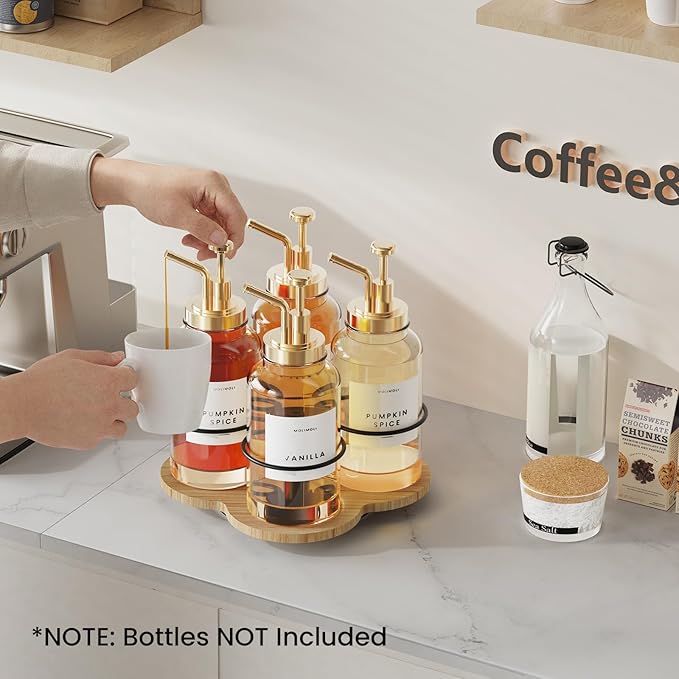 THYGIFTREE Rotating Coffee Syrup Organizer 4 Bottles Syrup Rack for Countertop Wood Bottle Holder Stand for Coffee Bar Station, Wood