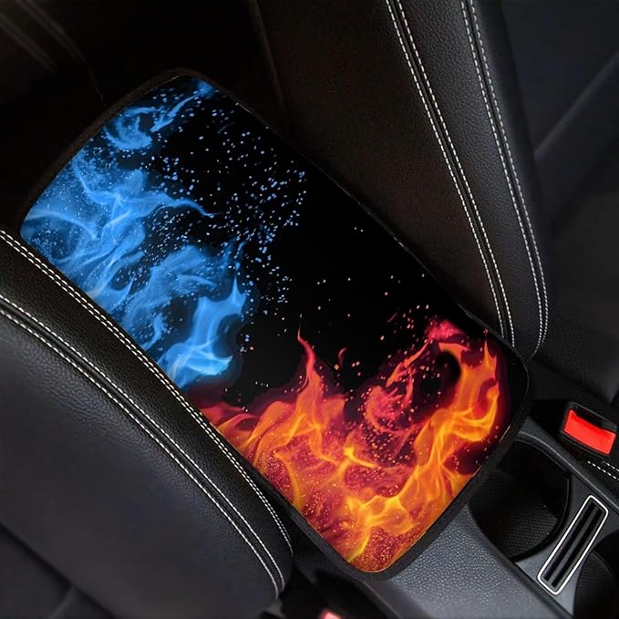 Mintutlipy Universal Car Center Console Cover Blue Red Flames Automotive Armrest Cushion Nonslip Arm Rest Cover for Car
