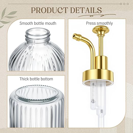 LemonRoad 4 Pcs Coffee Syrup Dispenser for Coffee Bar 10oz Glass Syrup Pump Dispenser with Gold Pump, Gold Scoop and Funnel for Bar Accessories