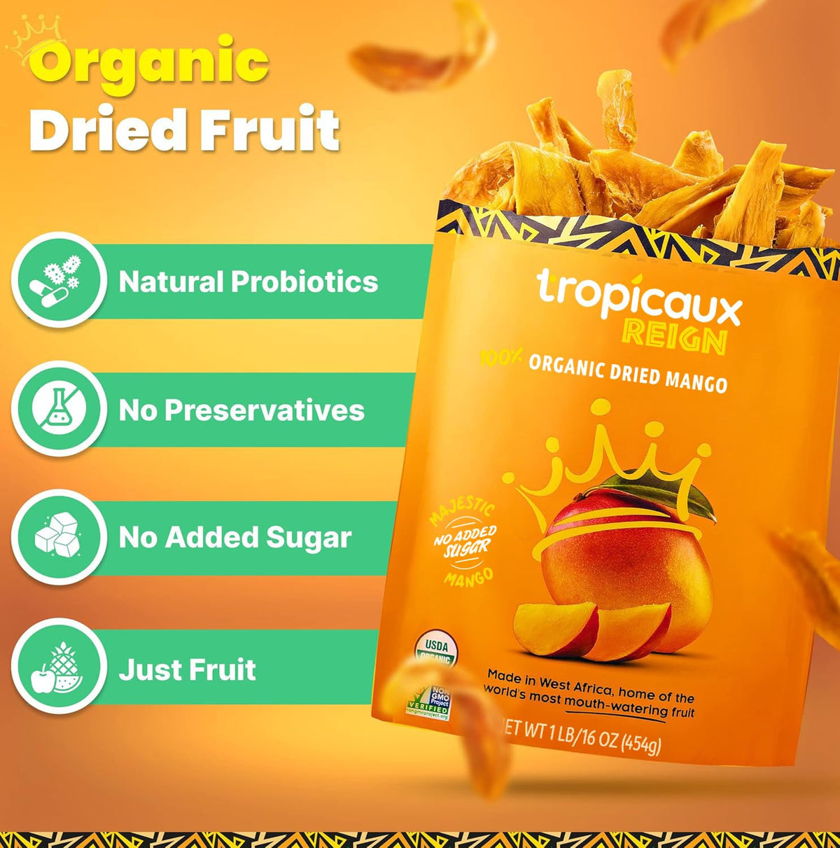 Organic Dried Mango Slices, No Sugar Added, 16oz - All-Natural, Non-GMO, Mouth-Watering Dried Mangoes - Preservative-Free, Nutritious & Delicious Snack for Kids and Adults by Tropicaux Reign
