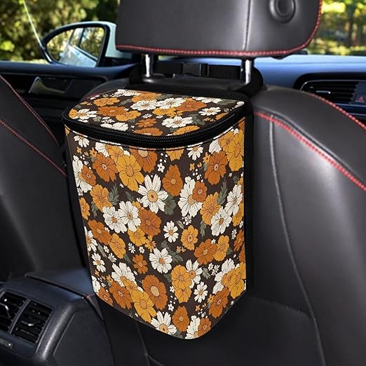 Retro Sunflower Daisy Flower Car Trash Can Hanging Mini Auto Garbage Bin with Lid Washable Leak Proof Automotive Car Rubbish Bags for Back Front Seat，Cottagecore Car Interior Accessory